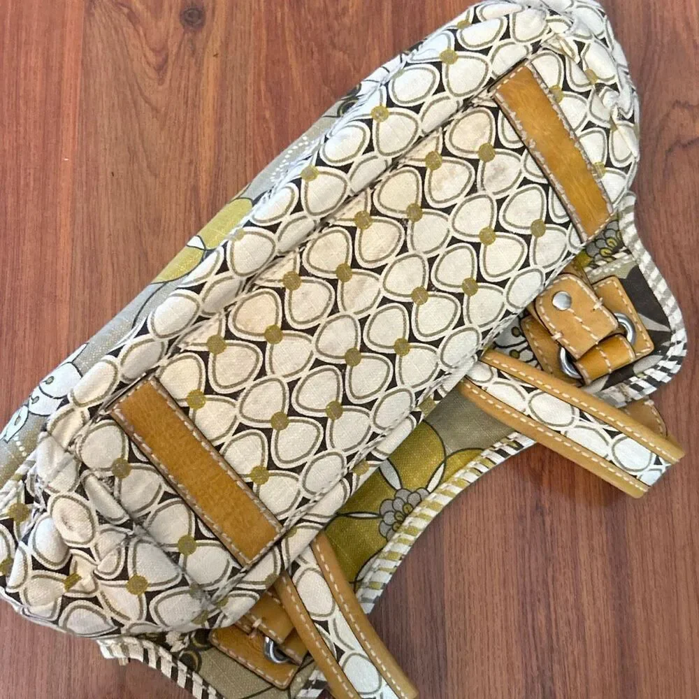 Fossil vintage flower handbag mustard cream canvas leather hobo bag boho